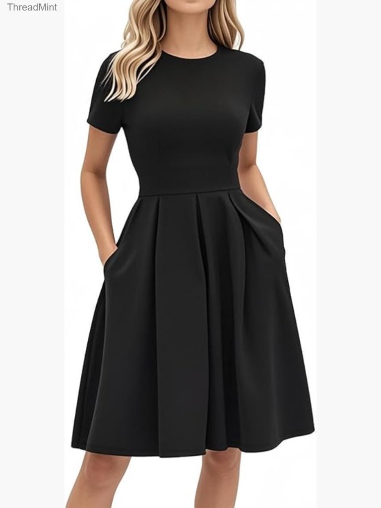 Women's A-Line Swing Dress With Pockets Short Sleeve Midi